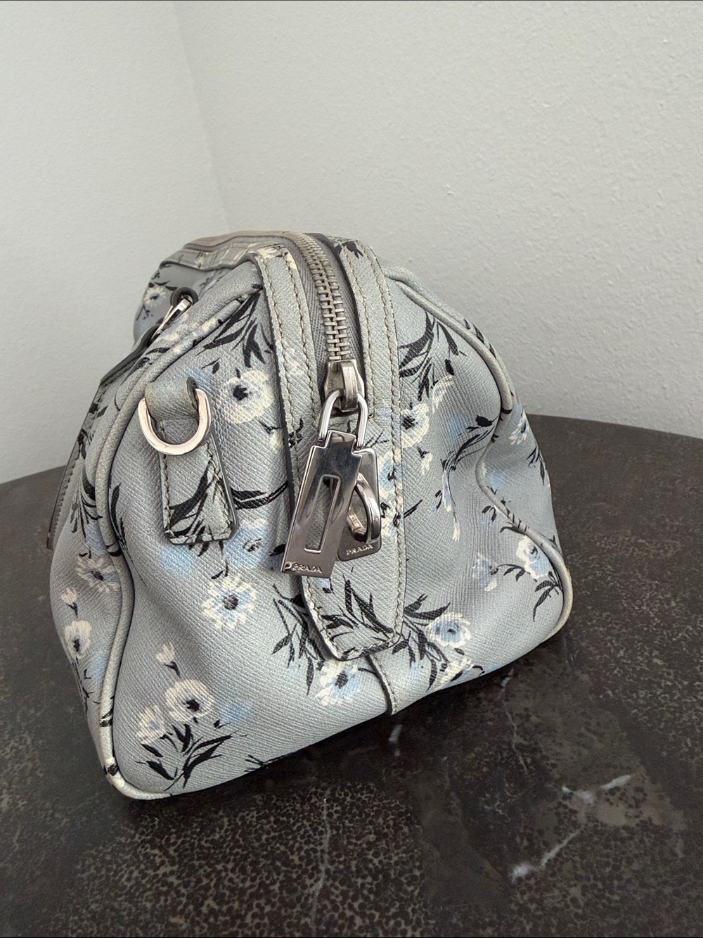 Prada Gray Floral Saffiano Leather Satchel with Strap - Pre-Loved - Picture 3 of 16
